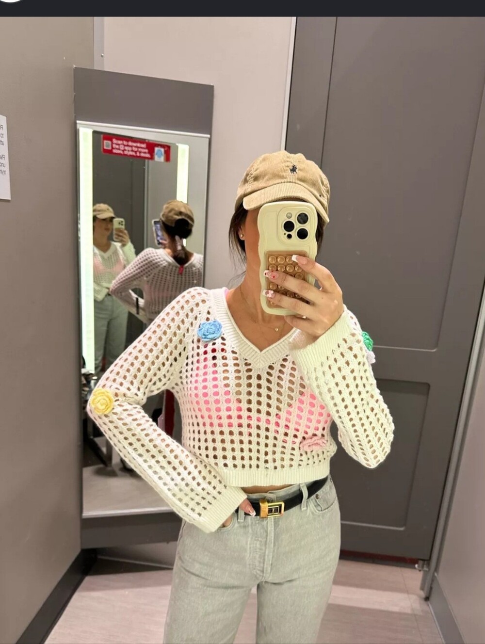 wild fable Cream Open-Knit Cropped Sweater with Pastel Flower Accents